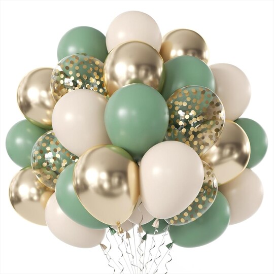 Greentek; Sage Green & Gold Balloon Garland Kit – 50PCS 12 Inch Olive Green, Sand White, Metallic Gold & Confetti Balloons for Baby Shower, Birthday, Wedding, Bridal Shower & Party Decorations with Ribbon; Category:Latex Balloons; Image:1